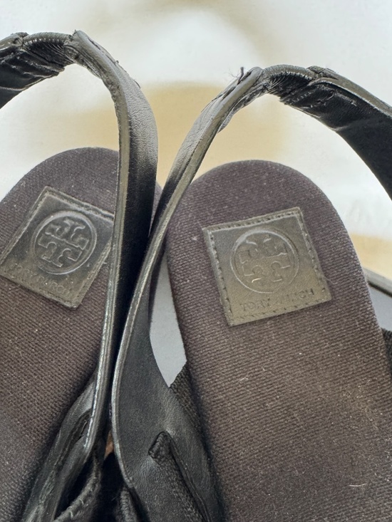 Tory Burch Canvas Wedge Espadrille Leather Strap Size 9.5 Black main image 7